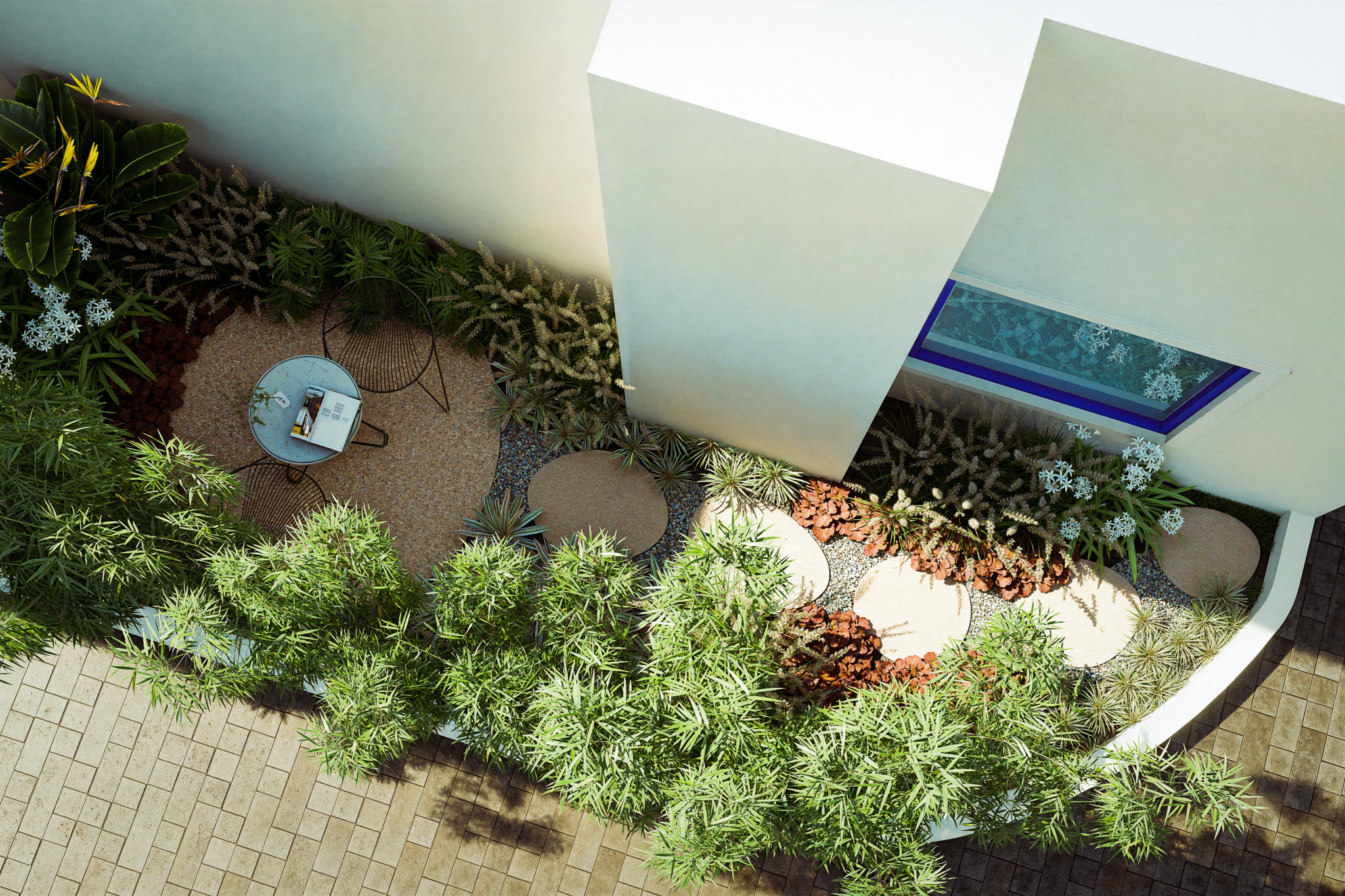 landscape render of Villa Moira, a garden courtyard and pergola